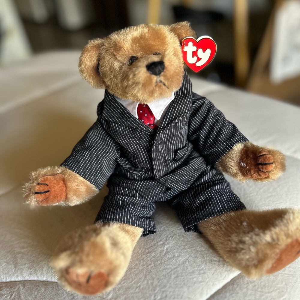 Ty Bear “William” in Black Pinstripe Suit with Red Tie